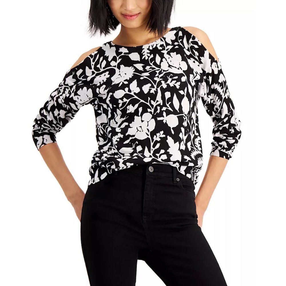 INC International Concepts Cold-Shoulder Black White Floral Sweater Size XXL